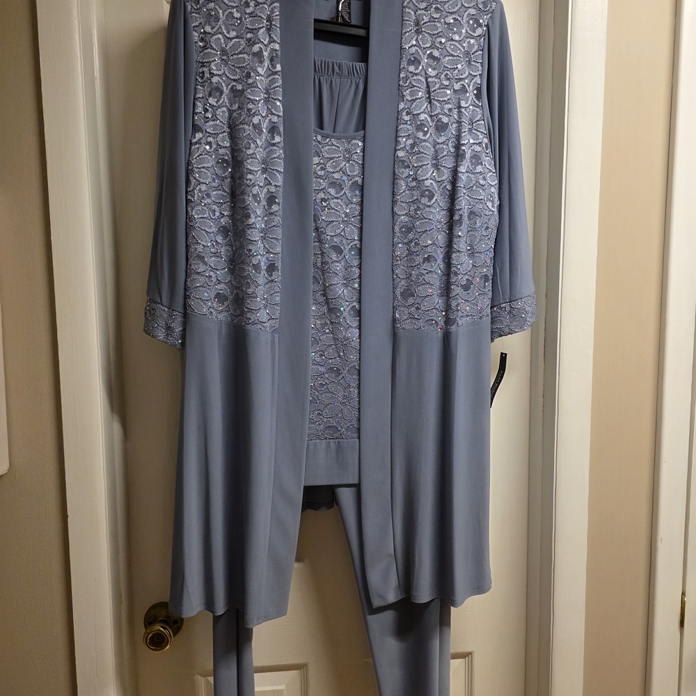 3 Piece Pant Set Elegant Lace Trim  in Silver